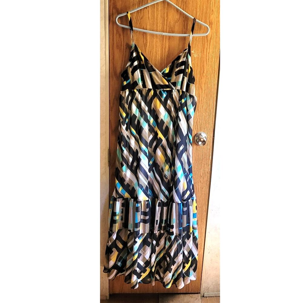 Multicolor Abstract Stripe Maxi Dress Large Empire Waist Ruffle Boho Resort